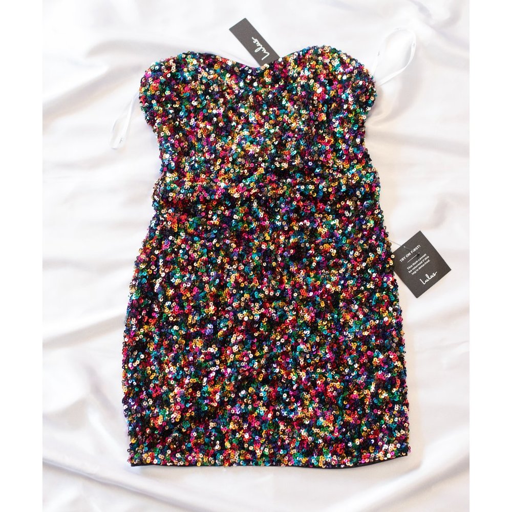 NWT Lulus Silver Multi Sequin Strapless Bodycon Mini Dress Size S - Picture 2 of 8